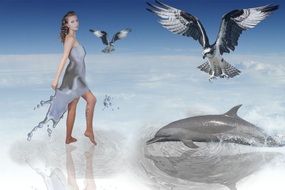 sky sea clouds blue white Woman eagle illustration