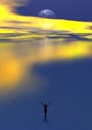 Yellow sky moon woman on sea fantasy view