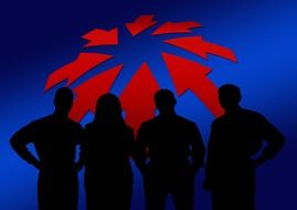 silhouettes of a team and red arrows