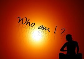 silhouette meditating woman on a background of moonlight and the inscription "Who am I?"