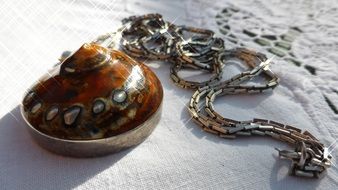 necklace with big snail close-up on blurred background