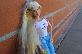 Long haired blonde barbie doll near Red brickwall
