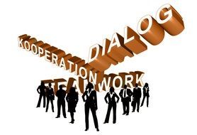 silhouettes of business people on the background of inscriptions &quot;dialogue&quot;, &quot;cooperation&quot;, &quot;teamwork&quot;