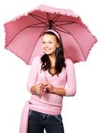Woman wearing pink sweater is standing with the pink umbrella