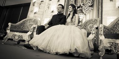 black and white photo of the newlyweds at a romantic wedding