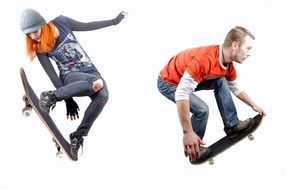 girl and guy jump on a skate board