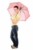 girl in jeans posing with a pink umbrella