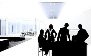 man woman in office silhouette drawing