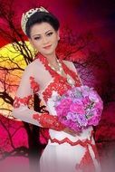 Asian girl with colorful flowers in her hands on colorful background with the tree silhouette and shining moon