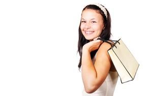 happy girl with shopping bag, customer, white background