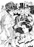 Black and white drawing of the vintage fashionable people
