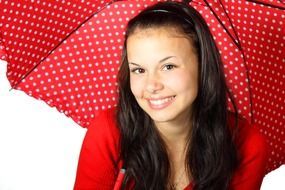 happy young long haired woman under umbrella