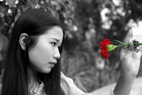 Asian long haired Woman portrait with Red flower