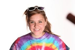 happy young woman in a colorful shirt