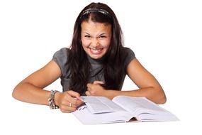 disgust expression young woman with book