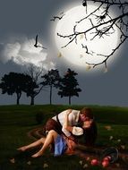 kissing couple in a romantic landscape as an illustration