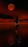 Erotic woman red sky moon computer graphic illustration