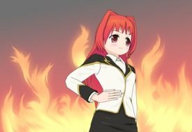 Sad anime girl in front of big fire