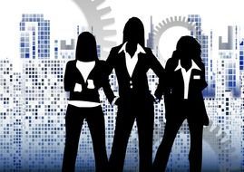 silhouettes of three business woman on skyscrapers background
