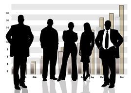 black silhouettes of business people on the background of charts