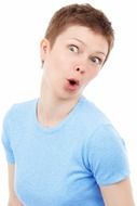 girl in a blue t-shirt with a surprised face