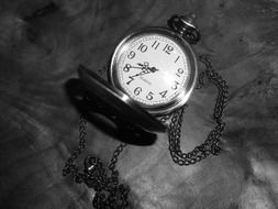 Black and white photo of the old-fashioned pocket watch