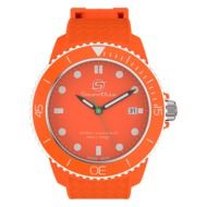 orange swiss wrist watch with time indicating