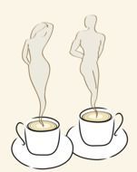 two cups with coffee and silhouettes of a man and a woman