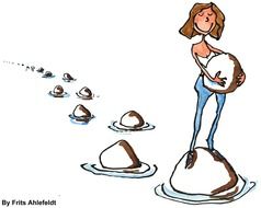 drawing of a woman walking along a water path