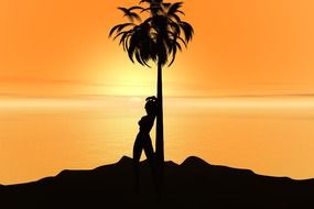 silhouette of a girl near the palm tree at sunset