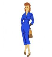 painted woman in a blue dress and a brown bag on white background