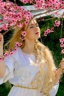 girl in a white dress on the background of sakura