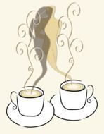 couple in love silhouette above two cups with coffee, illustration