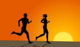silhouettes of running man and woman at sunset sky, drawing