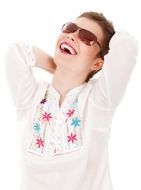 happy woman in white shirt