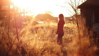 girl with long hair under the rays of the golden sun in the countryside