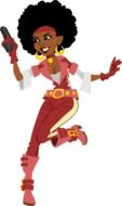 cartoon secret agent, afro lady with gun