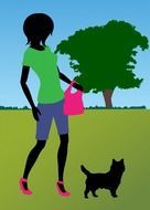 girl walks in park with terrier, drawing