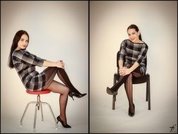 portrait of model woman with fashion dress different posing