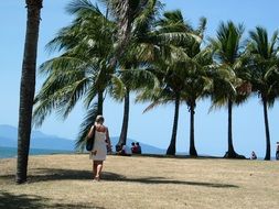 Woman is walking near the palms