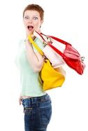 girl with short hair and multi-colored bags