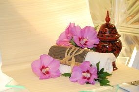 wellness, still life with flowers and body care products