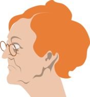 drawing of old lady in glasses and with red hair