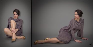 Two photos of a girl on a grey background