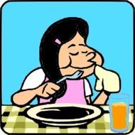 cartoon eating woman at table