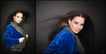 Two photos of girl in blue sweater