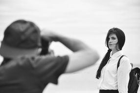 black-and-white photo of the photographer and model