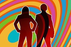 silhouettes of man and woman on a background of bright colored waves