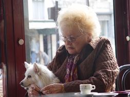 sad elderly woman with a white dog