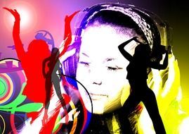 image of a girl in headphones against the background of dancing people